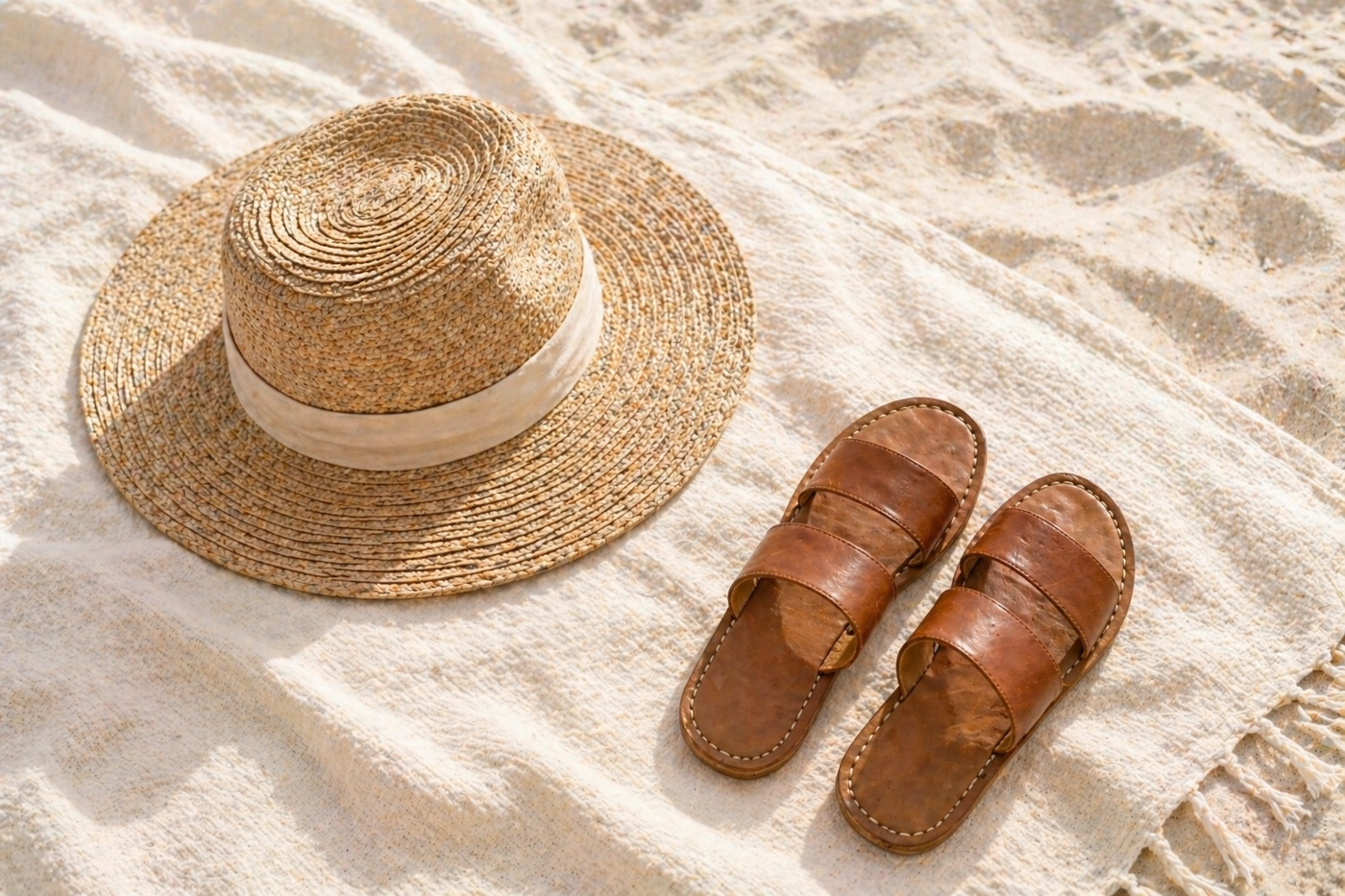 Neutral beach portrait accessories including hat, sandals, and jewelry for Gulf Shores family photo styling.