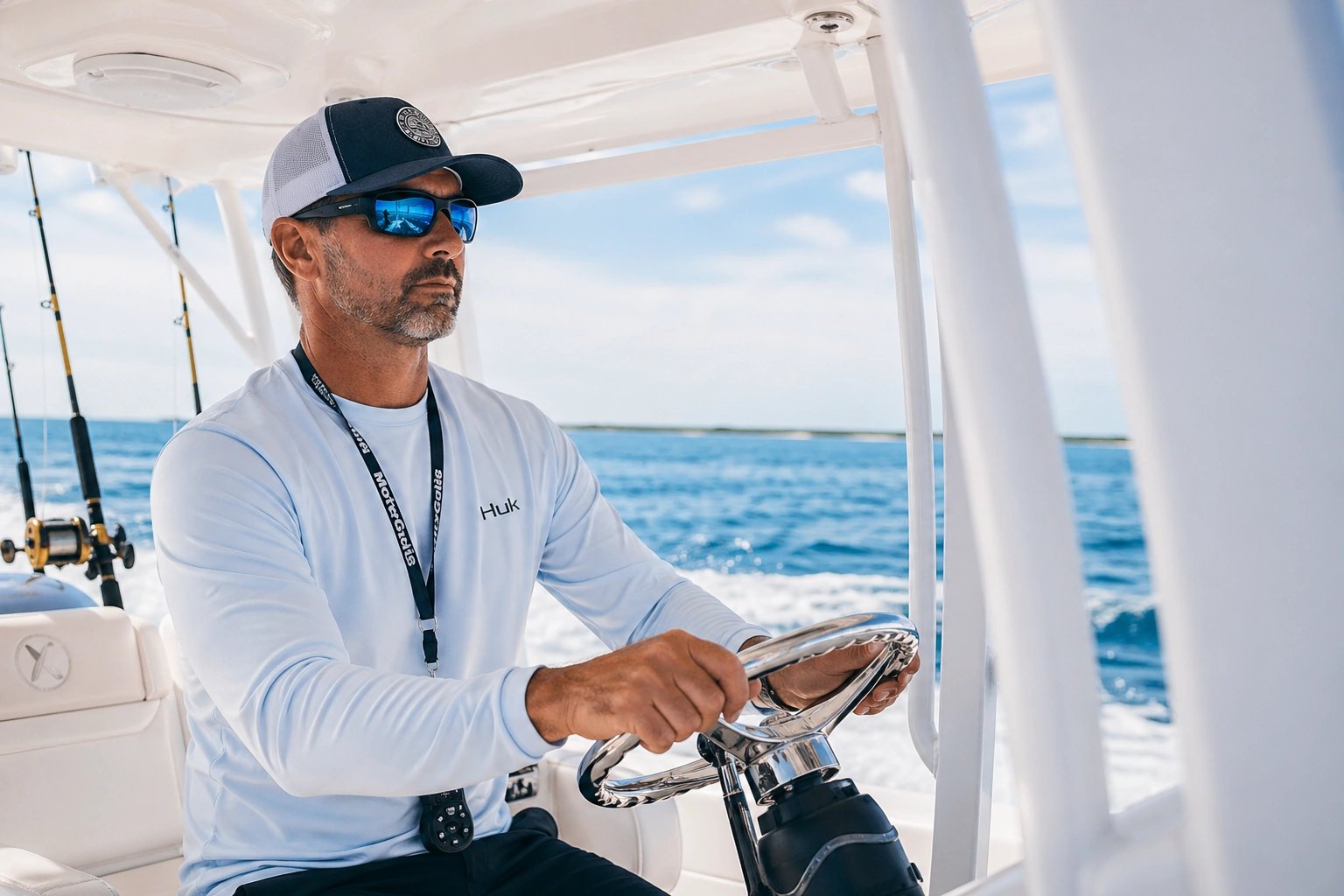Charter boat captain driving from the helm with professional marine marketing imagery.