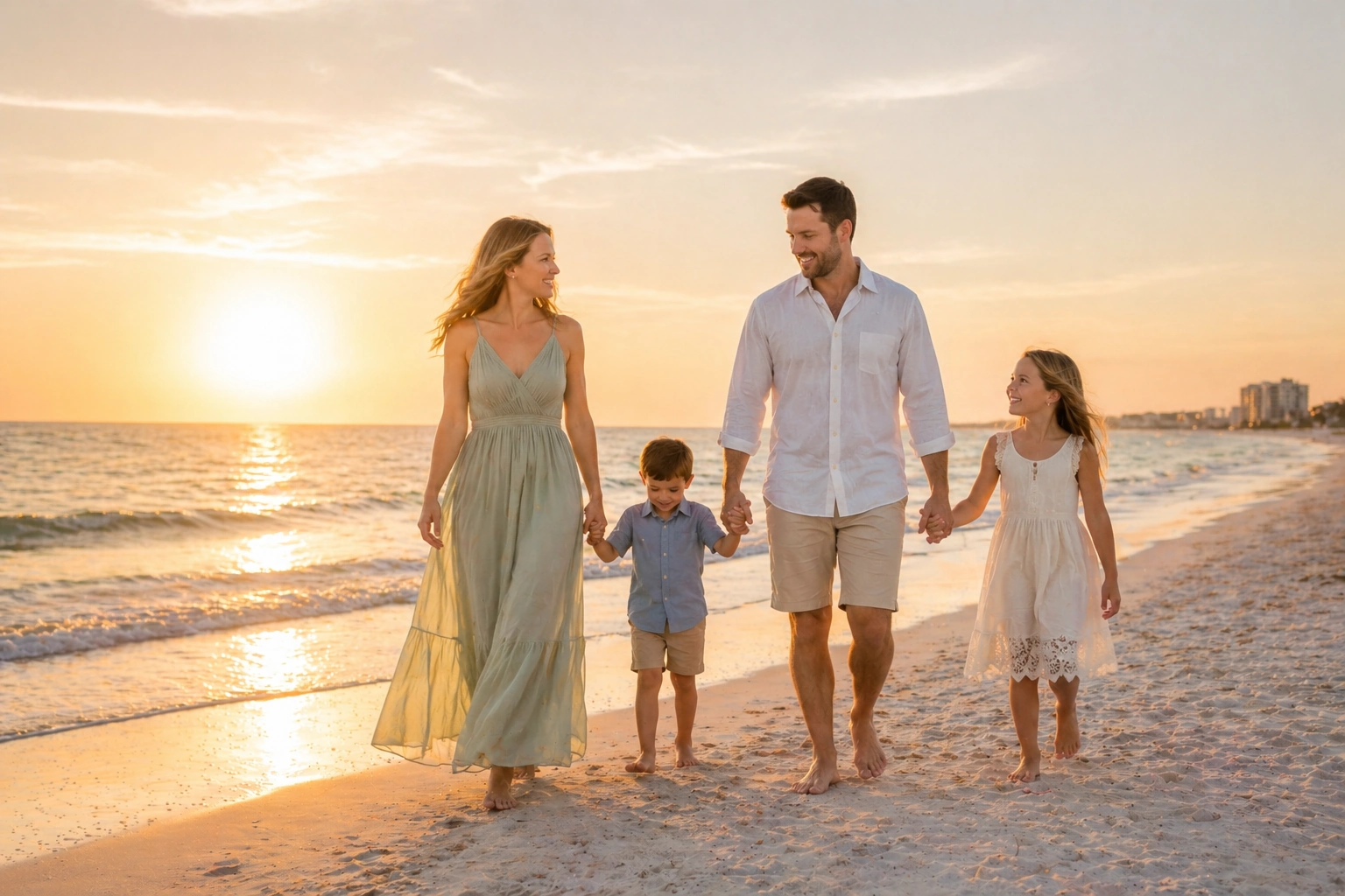 Family wearing coordinated soft sage and neutral beach outfits as an example of polished Gulf Shores and Orange Beach portrait styling.