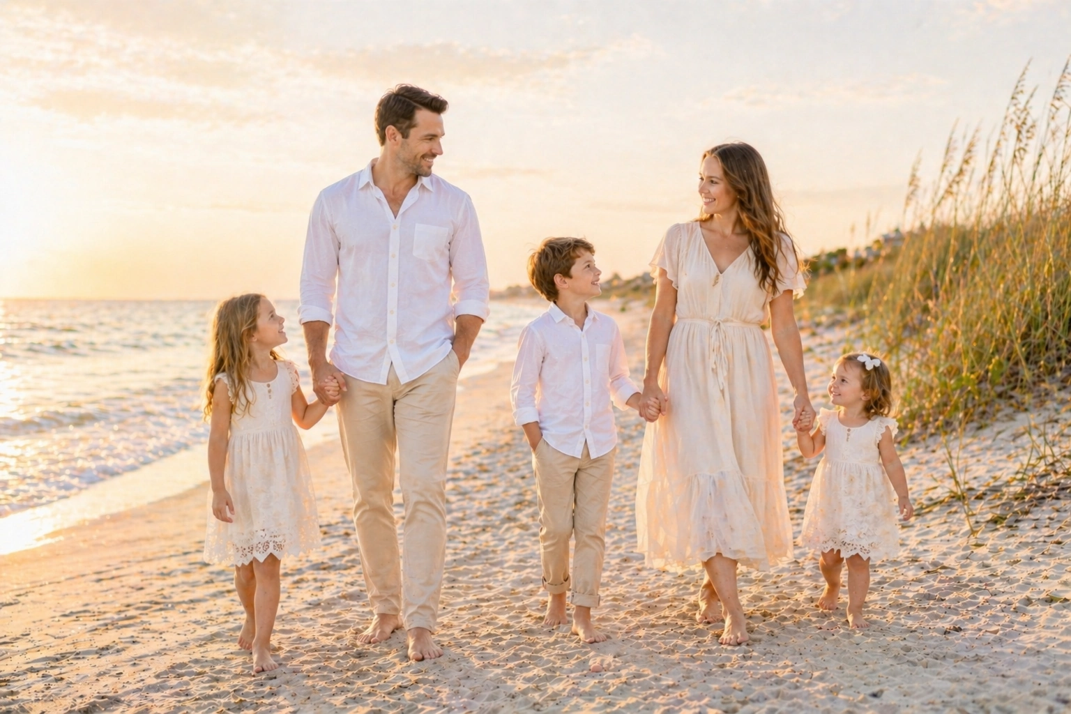 Family in coordinated white and neutral outfits walking at sunset for Gulf Shores and Orange Beach beach portrait outfit inspiration.