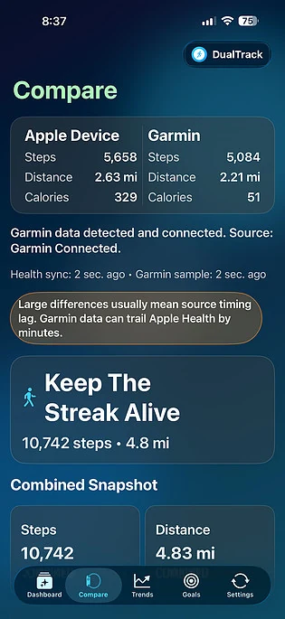 DualTrack Compare Apple Garmin Watch screen.