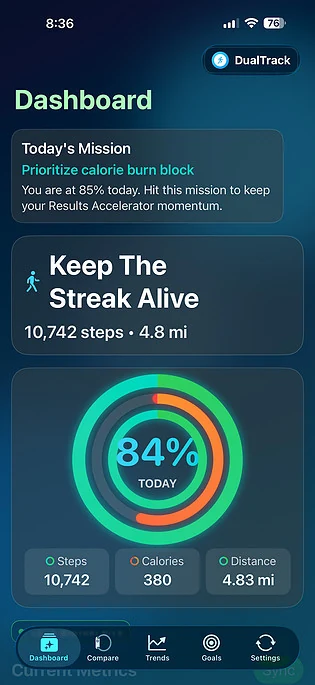 DualTrack dashboard screen.
