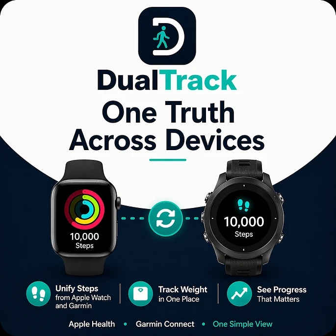 DualTrack One Truth Across Devices promotional image showing Apple Health, Garmin Connect, steps, and weight tracking.