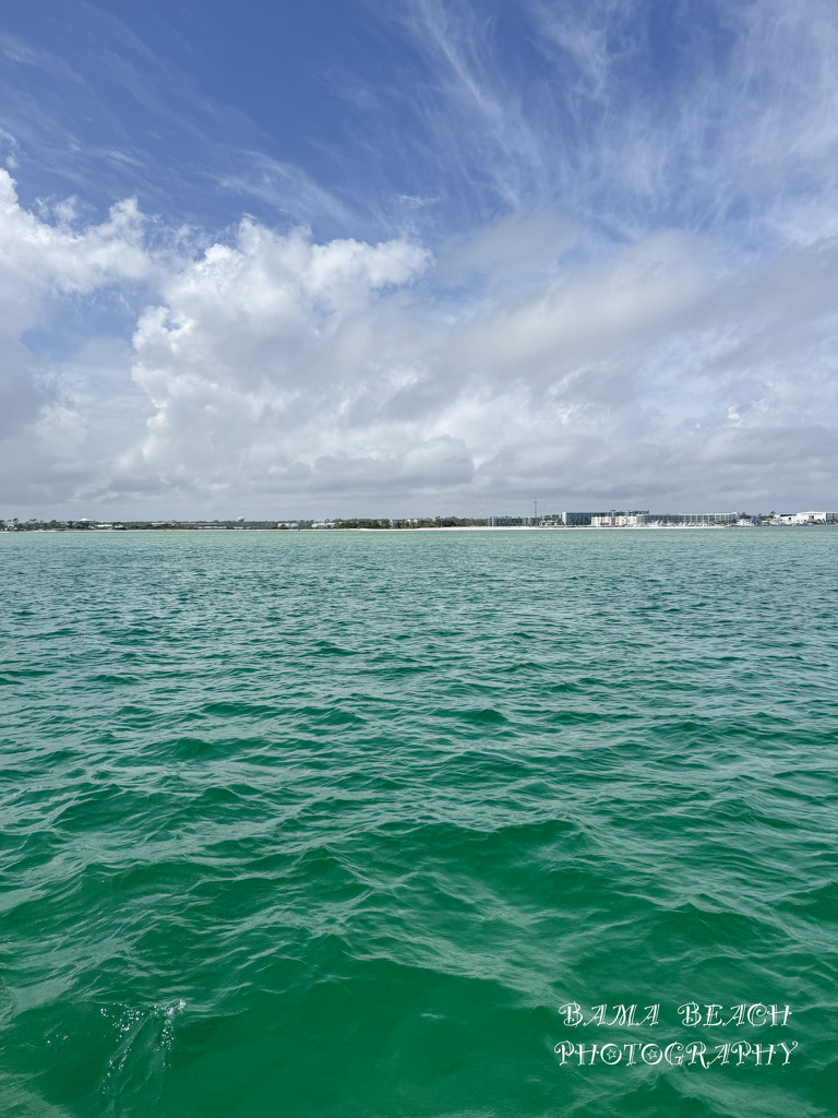 Expansive emerald-green coastal water under a dramatic blue sky near Orange Beach, Alabama.