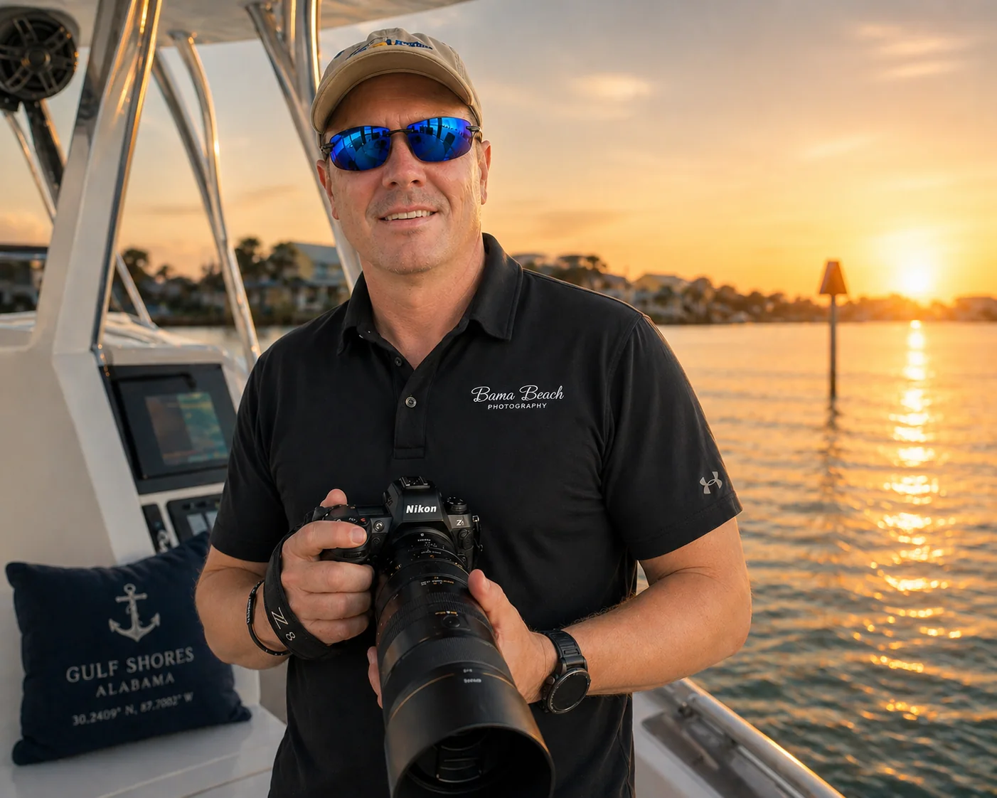 Gulf Shores photographer Mark Cactus Jack holding a Nikon camera for Bama Beach Photography coastal portraits and marine imagery.