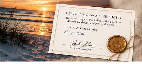 Limited edition coastal print Certificate of Authenticity with a custom wax seal, artist signature, and edition number.