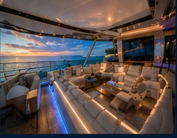 Elegant yacht lounge and deck interior photographed for high-end marine lifestyle marketing.