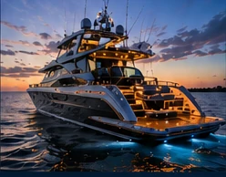 Luxury yacht photographed at twilight with premium lighting and dramatic marine detail.