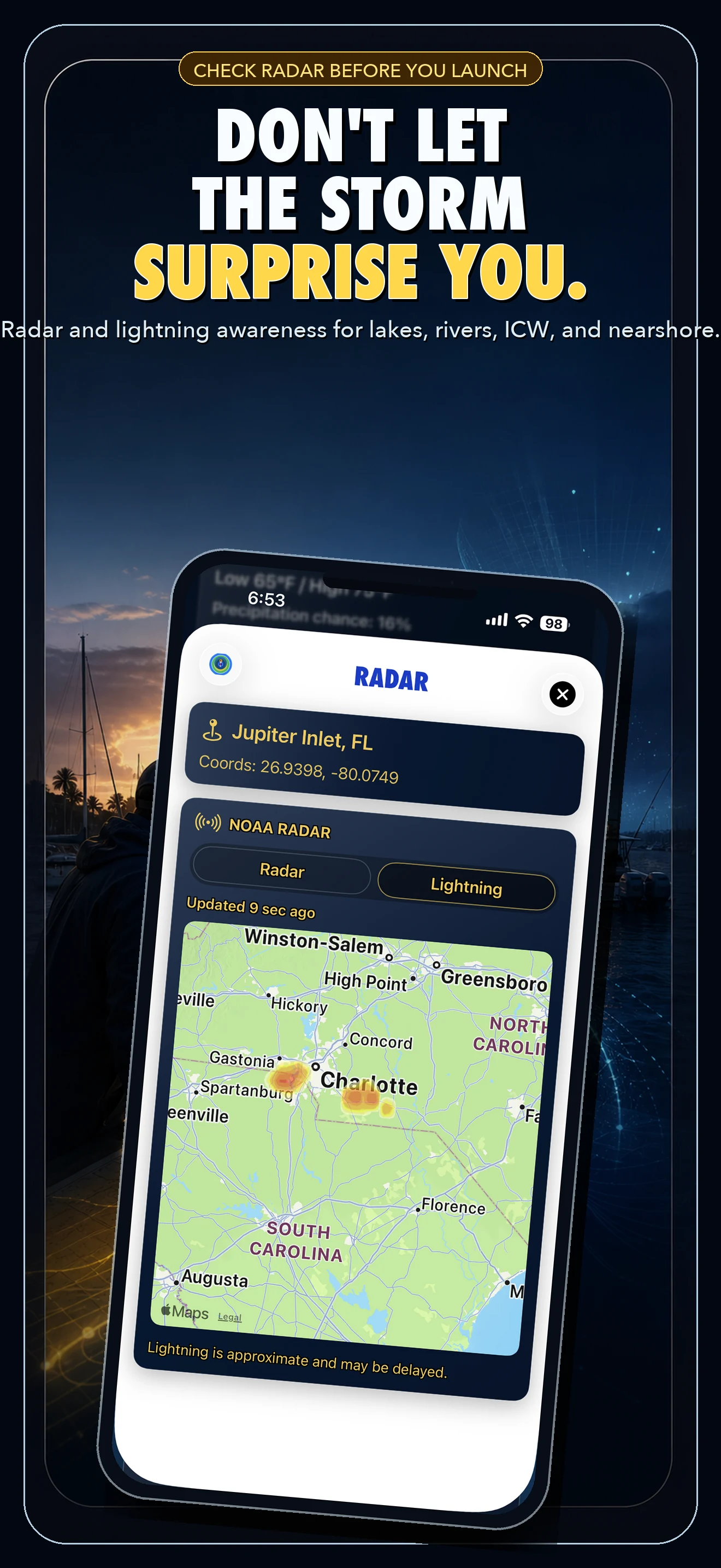 SafeBoat radar and route planning app screen