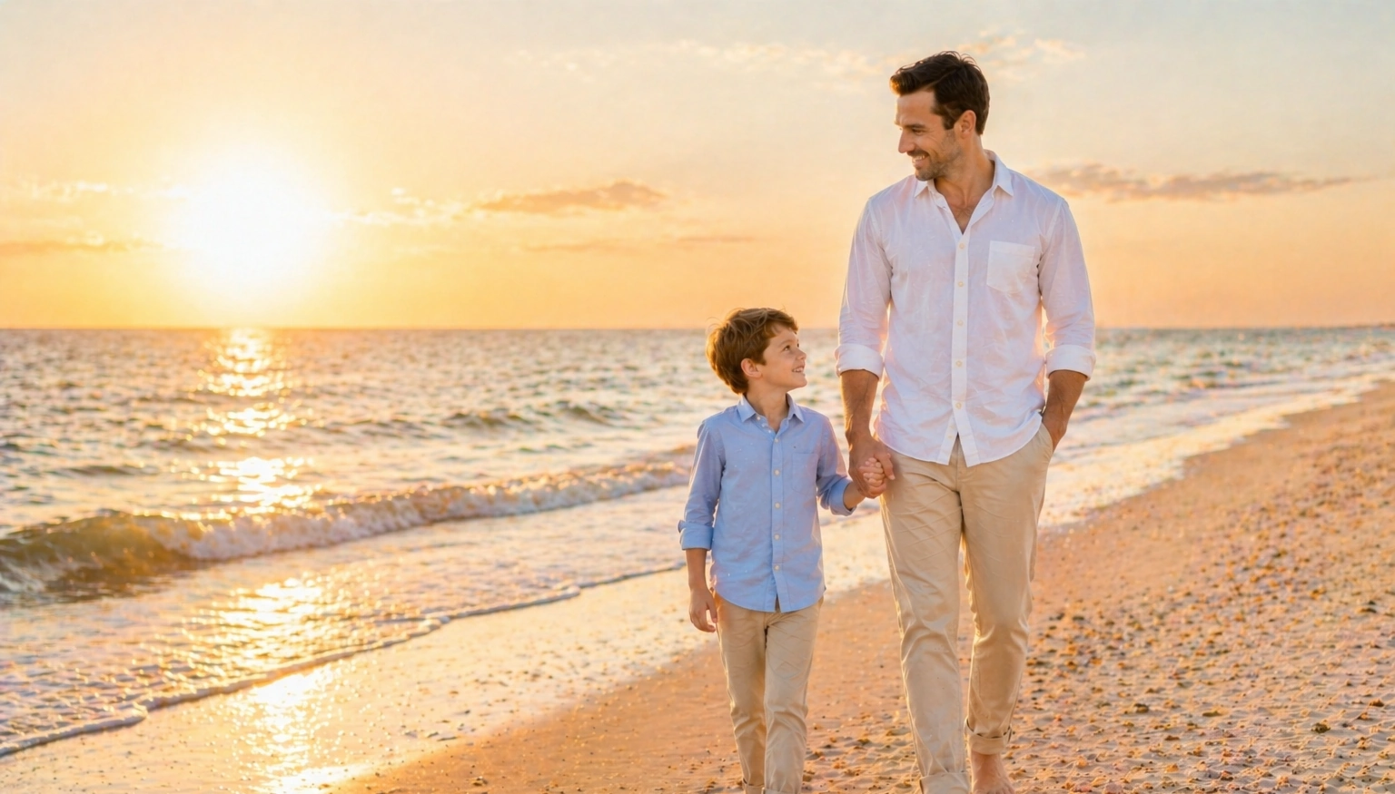 Family walking on the beach at sunset showing ideal timing for Gulf Shores and Orange Beach portrait sessions.