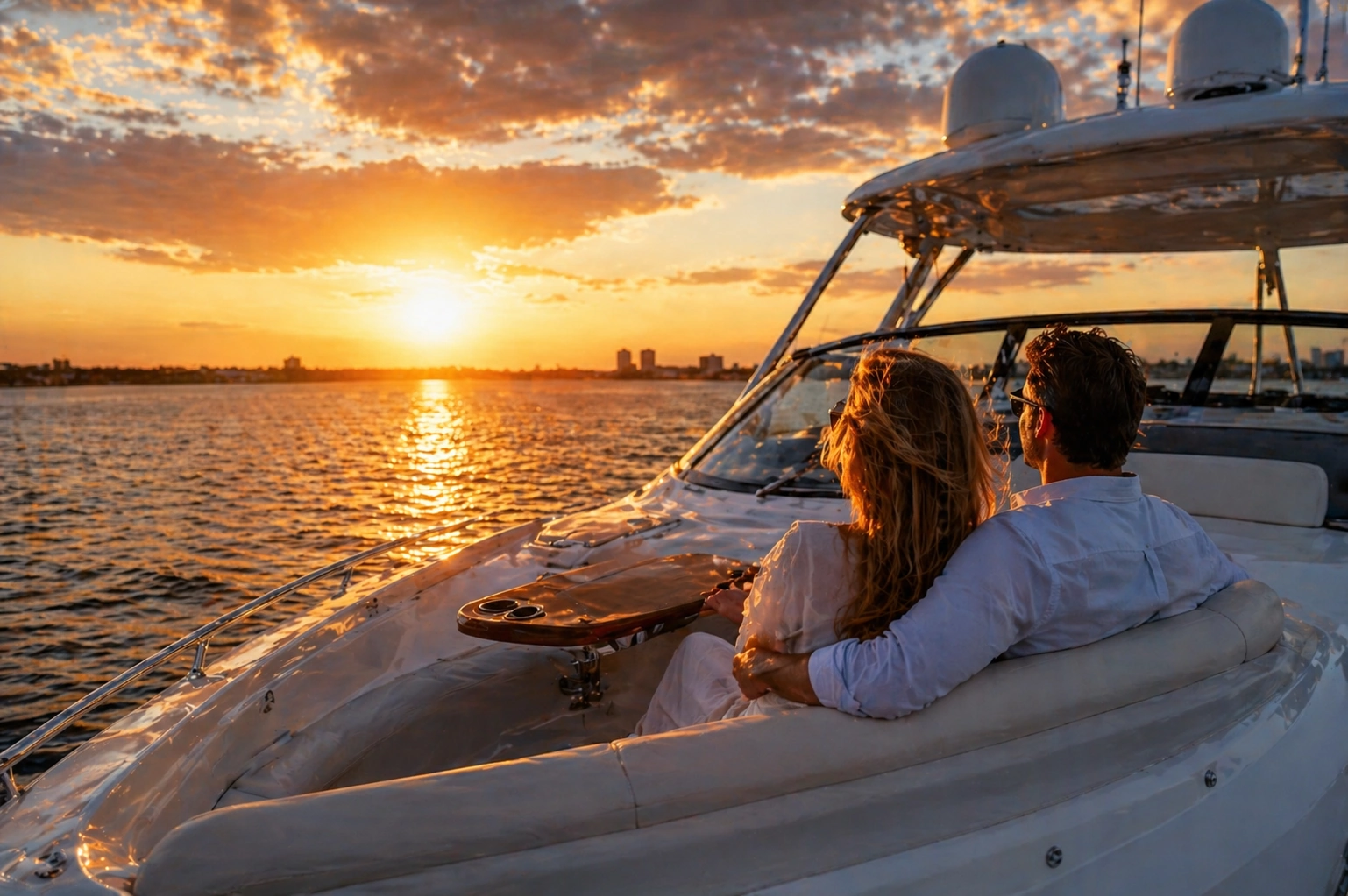 Couple enjoying sunset yacht memories on Orange Beach and Gulf Shores water.