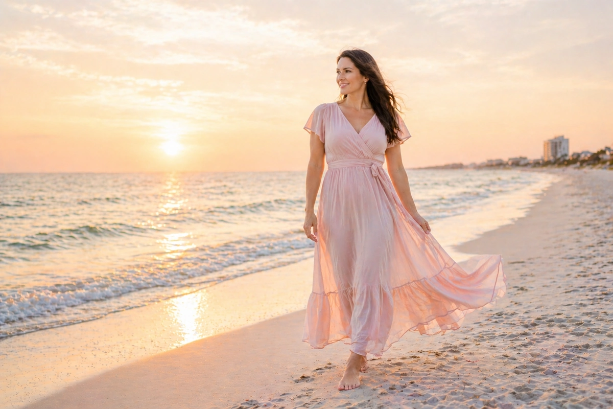 Mom wearing a flowing blue maxi dress on the beach as an outfit idea for Gulf Shores and Orange Beach family beach portraits.