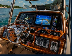 Wood-trim yacht helm and cockpit detail showing navigation screens, craftsmanship, and luxury controls.