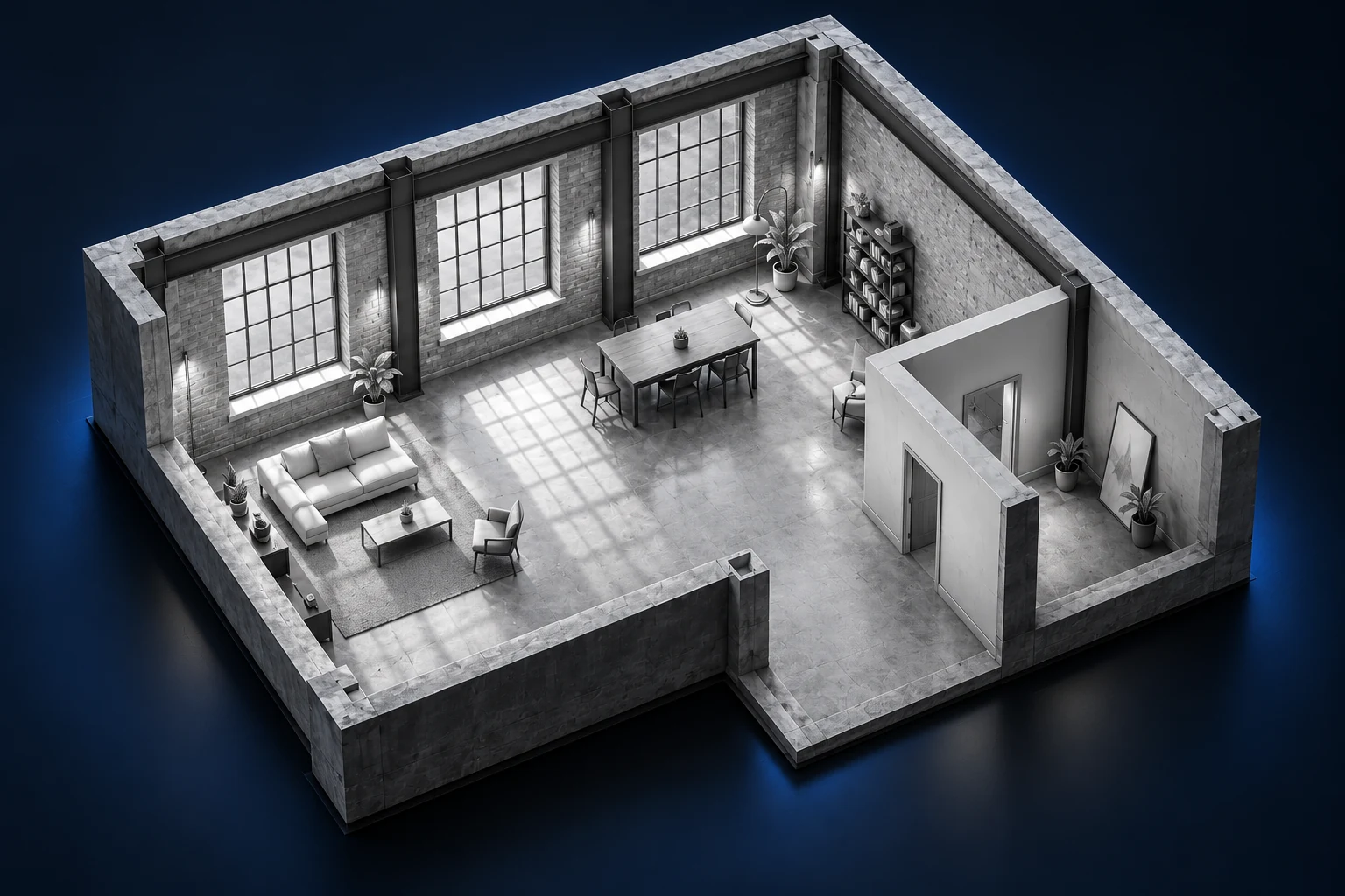 Grayscale furnished loft viewed from above with the ceiling hidden, revealing its layout, furniture and openings