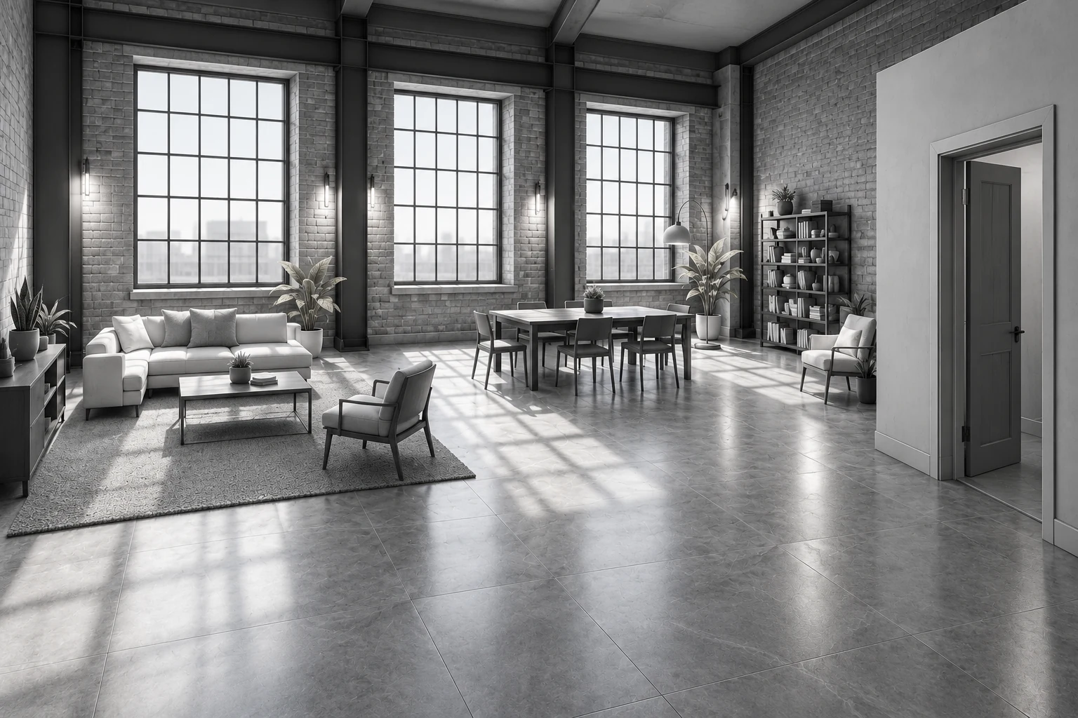 Human-height grayscale view inside the loft, looking across the sofa and worktable toward three tall windows