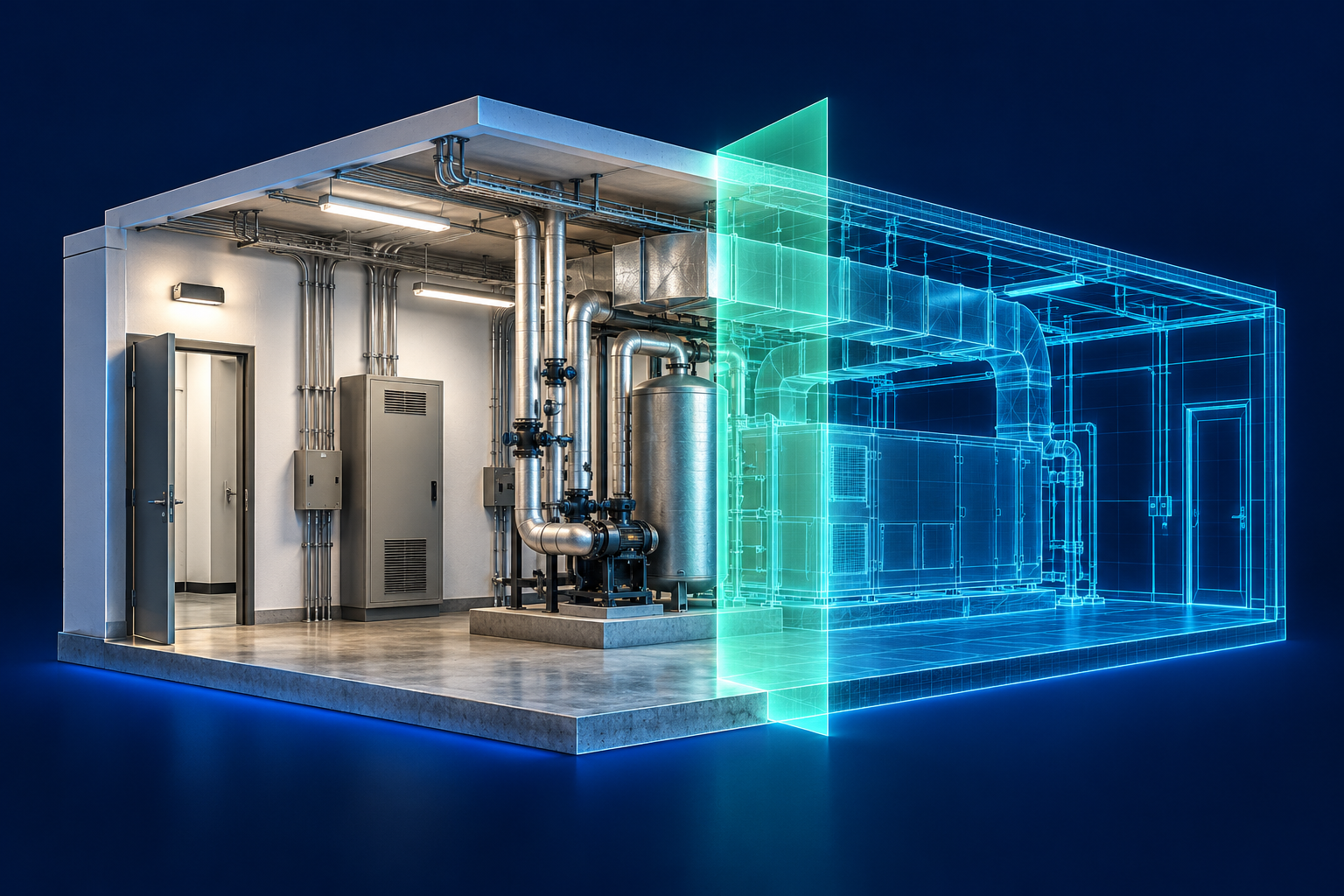 Equipment-room illustration transitioning from physical architecture to cyan wireframe across a mint scan plane