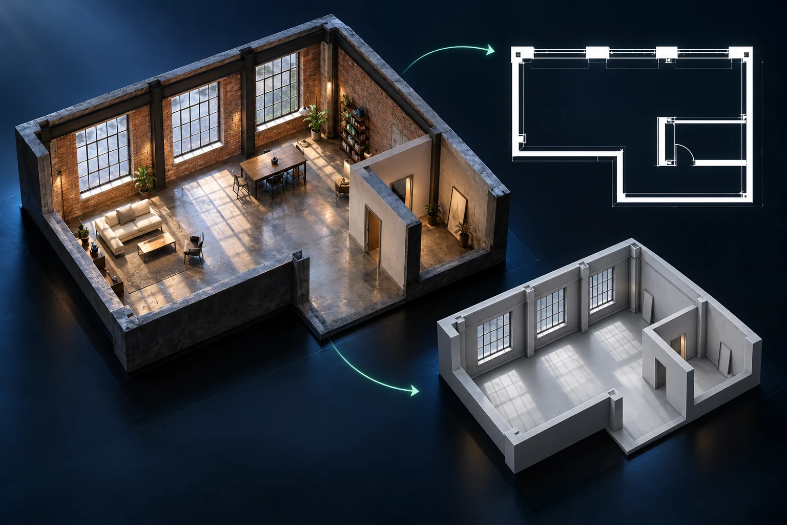 Architects: existing room, architectural plan and grayscale 3D workflow illustration