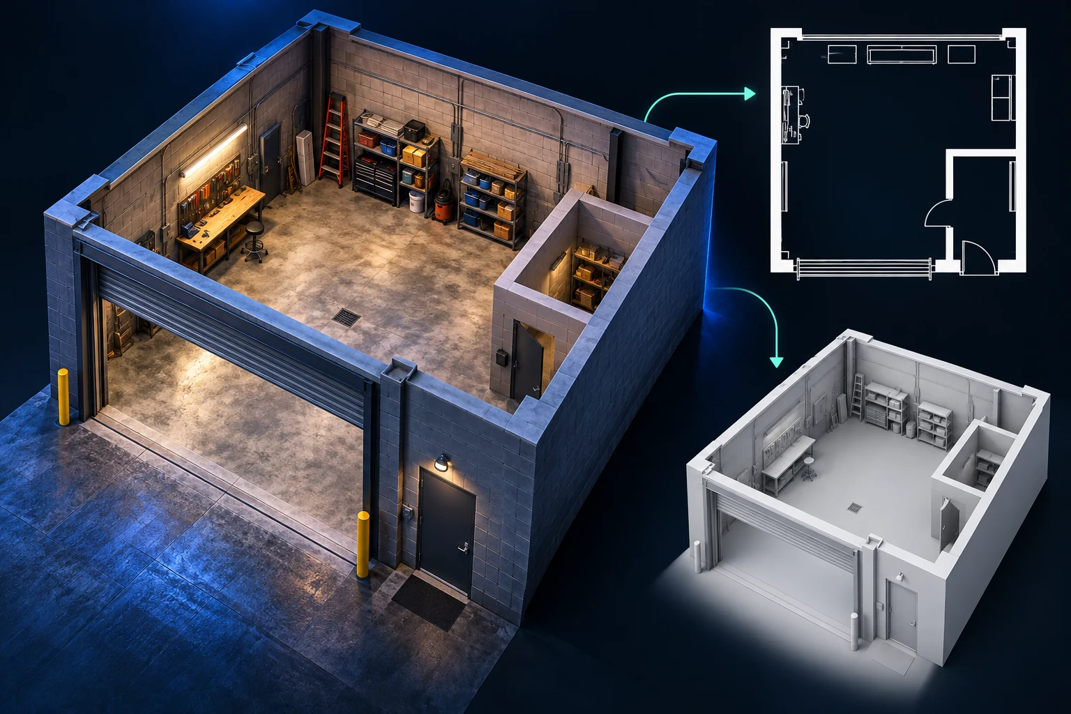 Specialty contractors: existing room, architectural plan and grayscale 3D workflow illustration