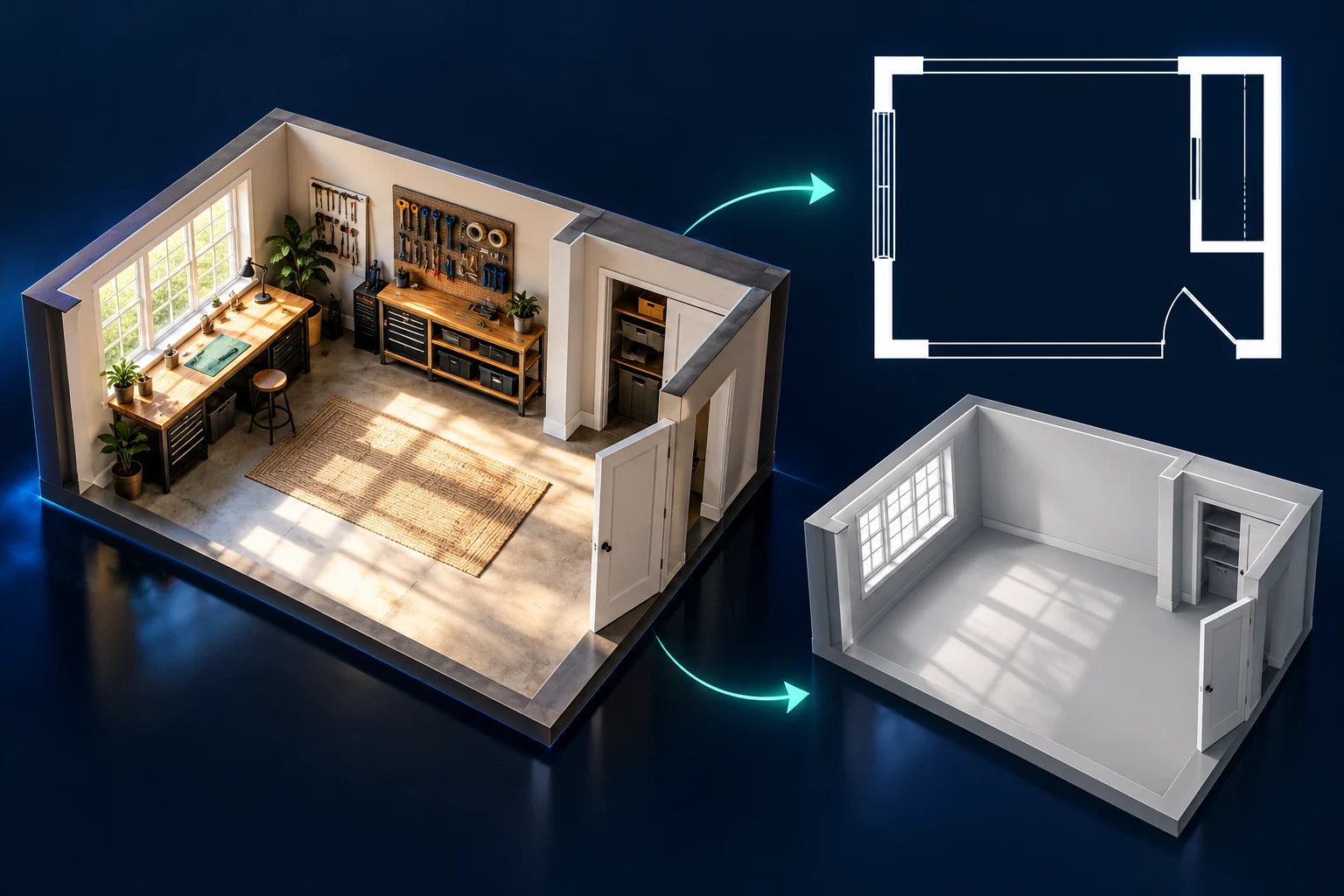 Serious DIY users: existing room, architectural plan and grayscale 3D workflow illustration