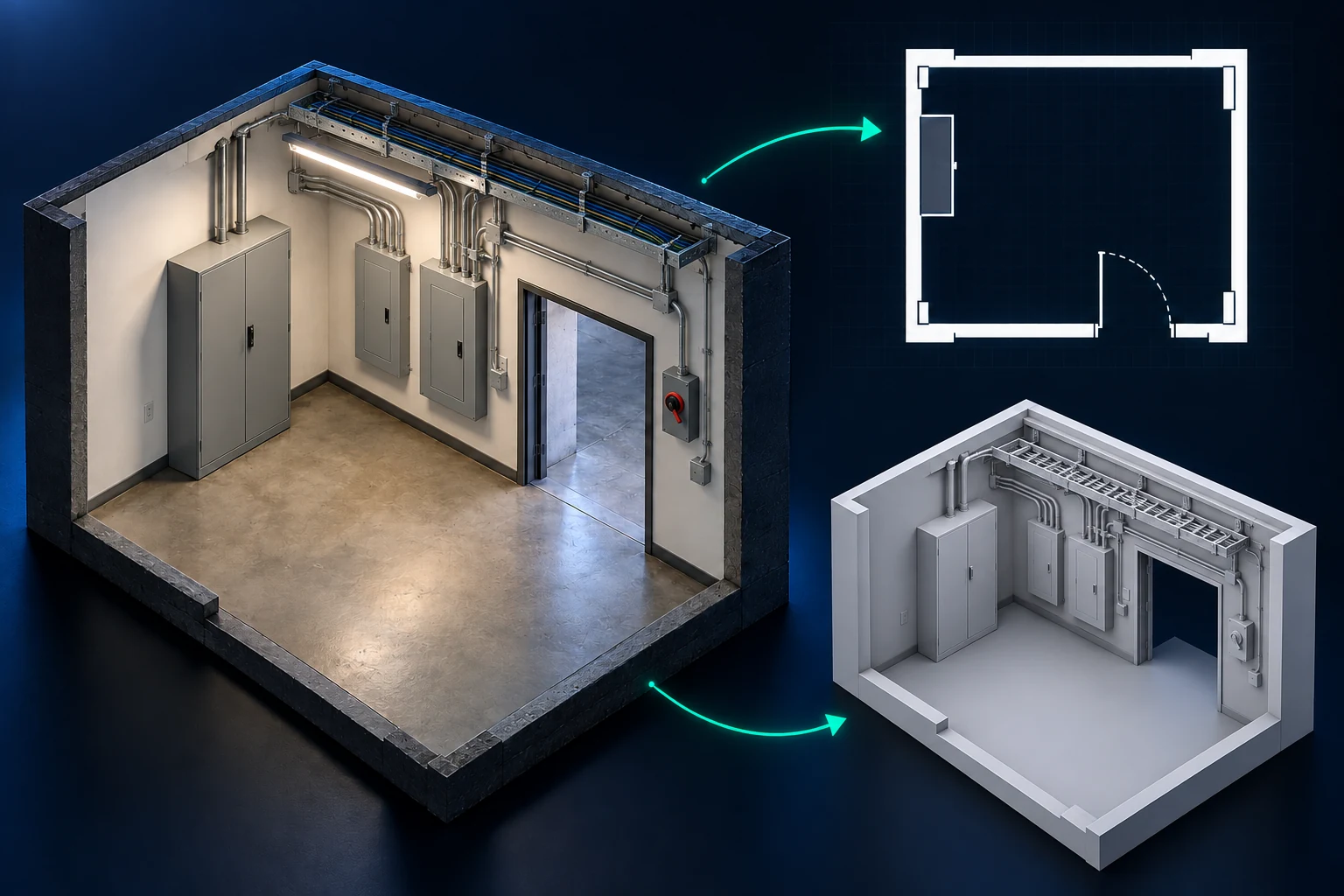 Electrical contractors: existing room, architectural plan and grayscale 3D workflow illustration