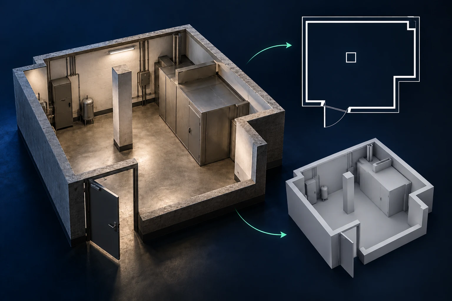 Engineers: existing room, architectural plan and grayscale 3D workflow illustration