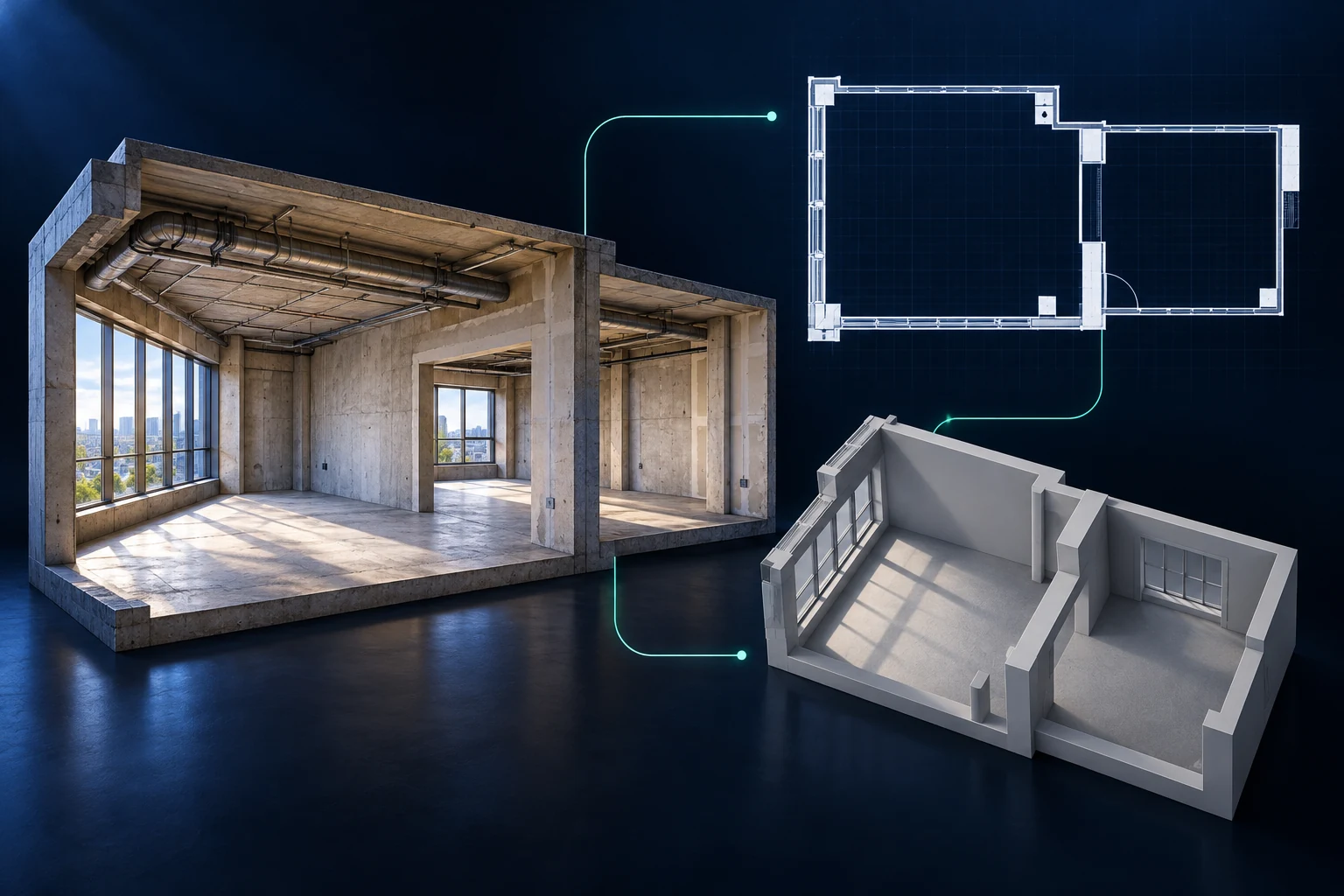 General contractors: existing room, architectural plan and grayscale 3D workflow illustration