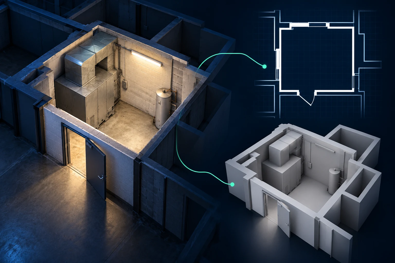 Mechanical contractors: existing room, architectural plan and grayscale 3D workflow illustration