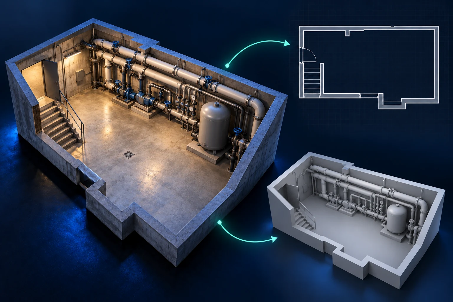 Piping contractors: existing room, architectural plan and grayscale 3D workflow illustration