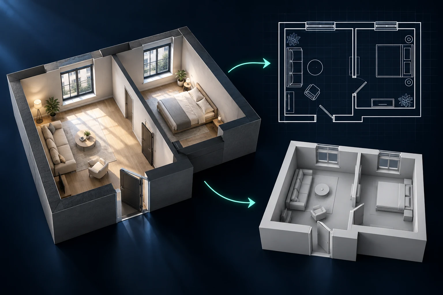 Property professionals: existing room, architectural plan and grayscale 3D workflow illustration