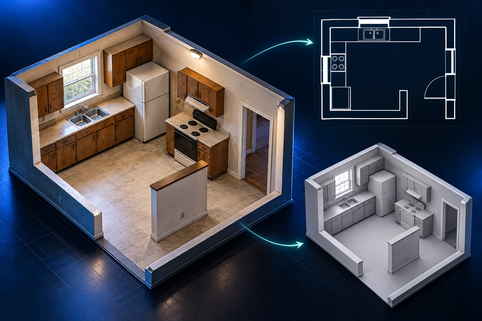 Remodelers: existing room, architectural plan and grayscale 3D workflow illustration
